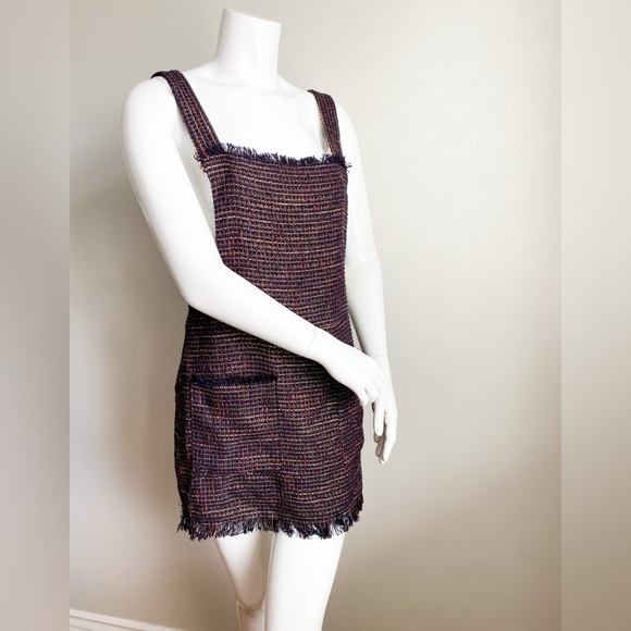 ZARA Tweed Burgundy Overalls Dress Mini Square Neck Sleeveless Classic Preppy S - Picture 2 of 12